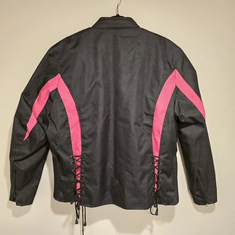 I-K Textiles Motorcycle Jacket XL Womens Black Pink Full Zip Biker Moto Y2K